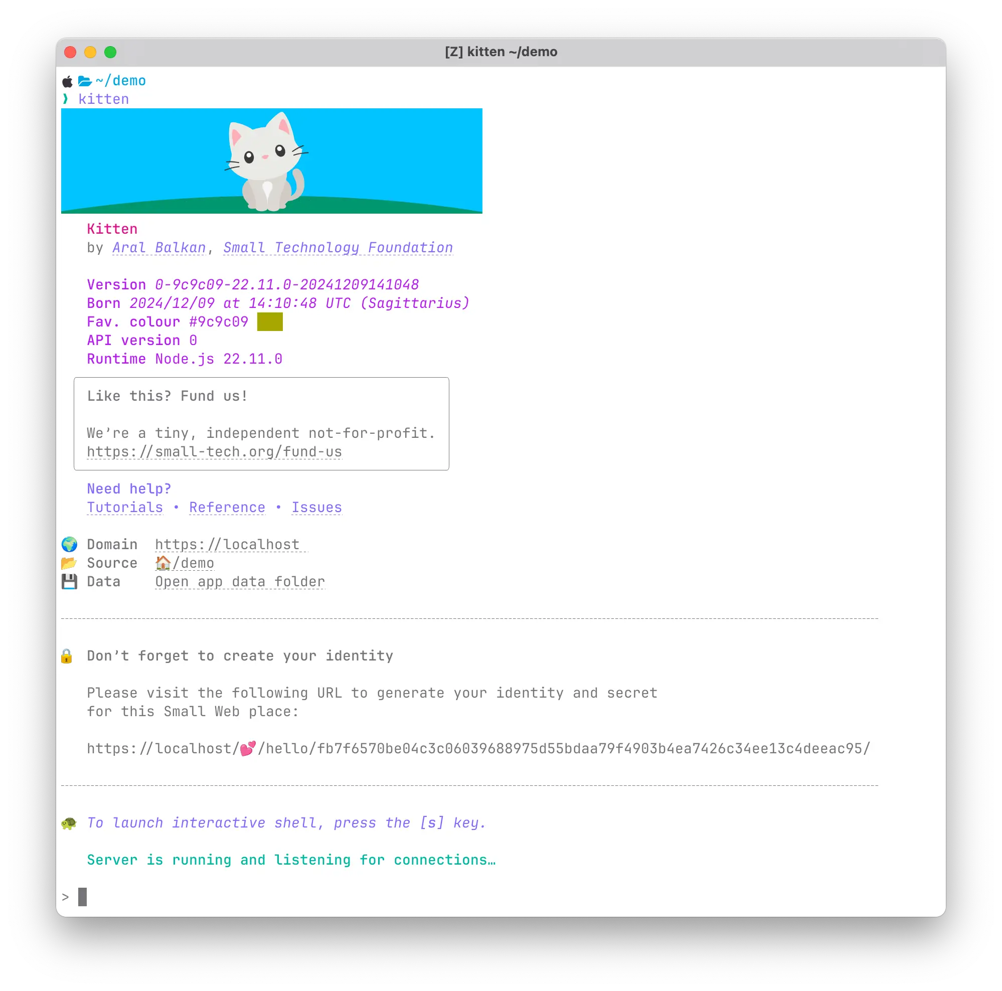 Screenshot of output of kitten command in terminal. An image banner of a cute minimalist grey cat with pink ears and nose sitting on a green hill in front of a clear blue sky is followed by credits (Kitten by Aral Balkan, Small Technology Foundation), version information, a link to the funding page, and links for tutorials, reference, issues, as well as the domain being served (https://localhost), the source (🏠/demo), and the app’s data folder. Callouts prompt you to visit a link to create your identity and to press s to launch and interactive shell. Finally, it informs you that the server is running and listening for connections.