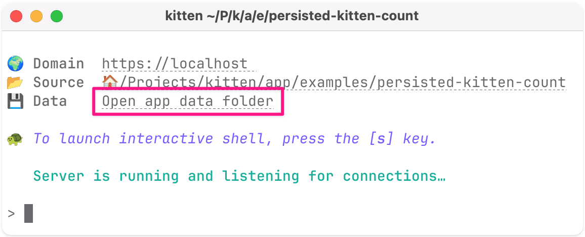 Screenshot (detail) of Kitten’s initial output with the link to open the data folder highlighted.